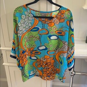Sharon Young Bright Blue, Orange & Green Abstract Print Blouse